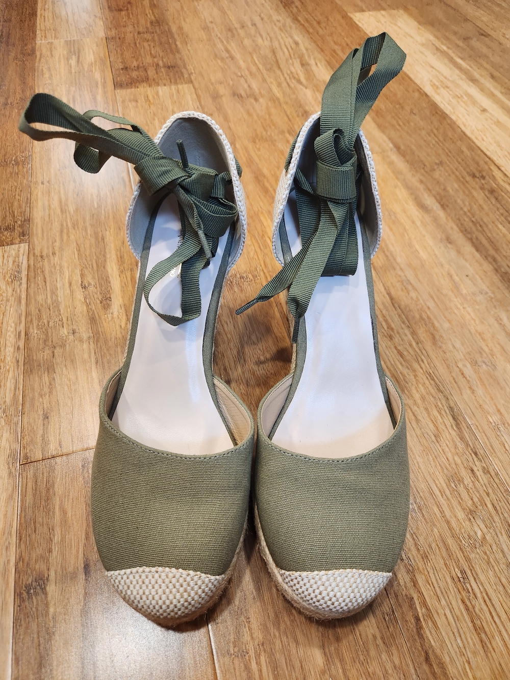 Catherine Malandrino Olive Canvas Espadrille Wedges with Ankle Ties